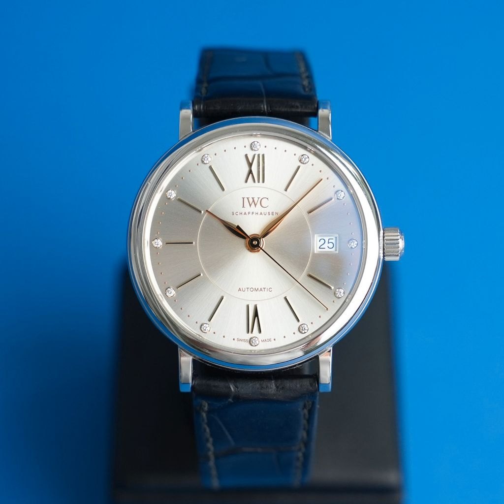 IWC Portofino Automatic 37 IW458101, Frontansicht silbernes Zifferblatt mit Diamanten