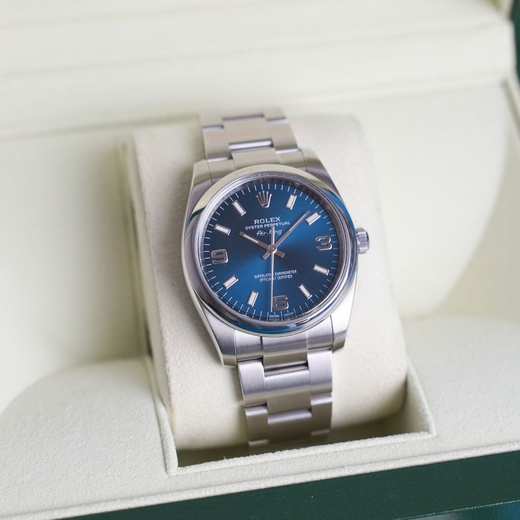 Rolex Oyster Perpetual Air-King Die Uhr in der Präsentationsbox, Zifferblatt von vorn